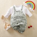 100% Cotton Baby BoyGirl All Over Cartoon Elephant Print Faux-two Long-sleeve Jumpsuit